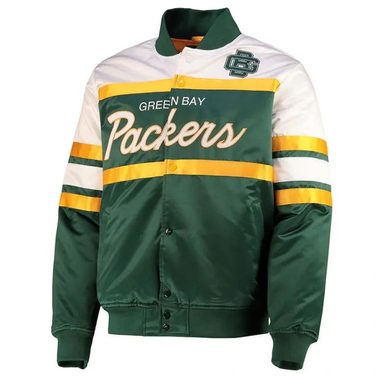 Green Bay Packers Special Script Heavyweight Full-Snap Varsity White & Green Satin Men's Bomber Jacket