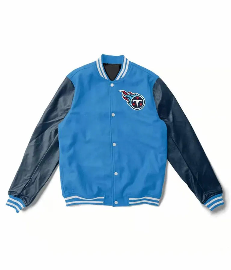 Tennessee Titans Light Blue Wool & Navy Blue Genuine Leather Sleeves Men's Varsity Letterman Jacket