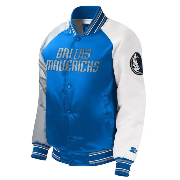 Dallas Mavericks Full-Snap Varsity Tri Color Satin Men's Bomber Jacket