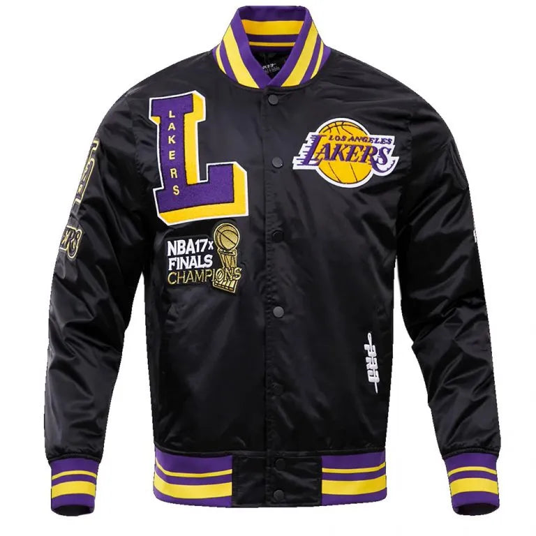 Los Angeles Lakers Mash Up Logo Full-Snap Varsity Black Satin Men's Bomber Jacket