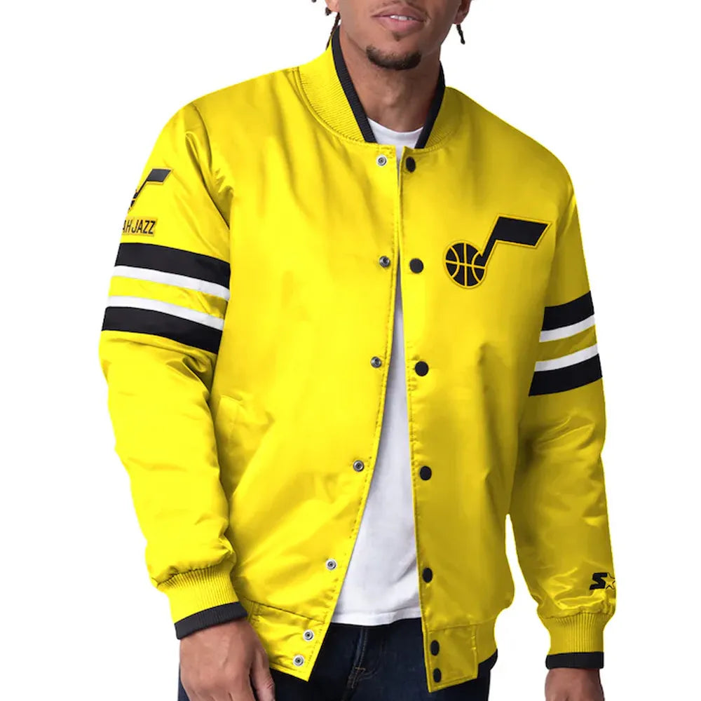 Utah Jazz Scout I Full-Snap Varsity Gold Satin Men's Bomber Jacket