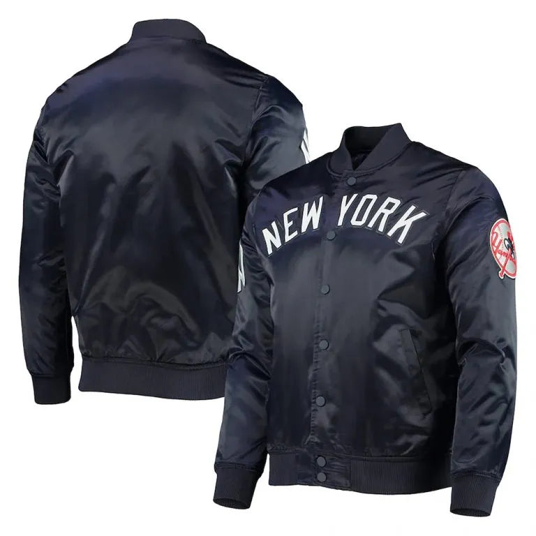 New York Yankees Wordmark Full-Snap Navy Blue Satin Bomber Men's Jacket