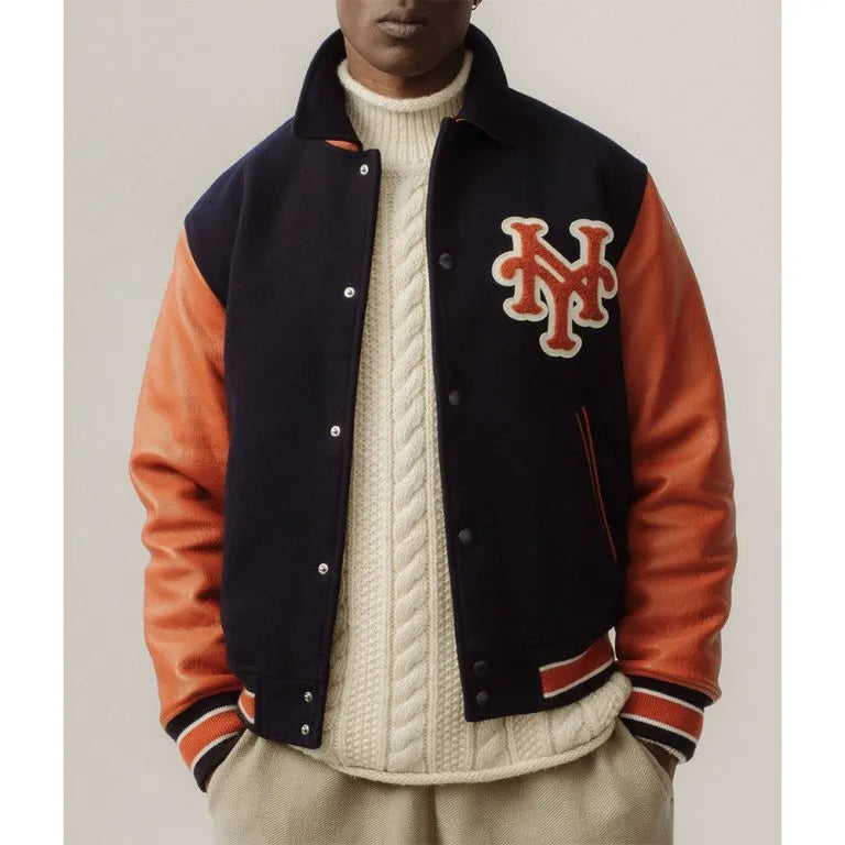 Aime Leon Dore Mets Blue Wool & Orange Leather Sleeves Varsity Men's Jacket