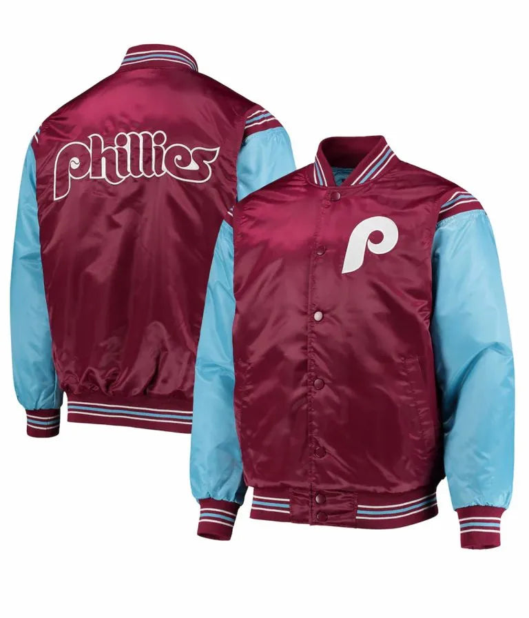Philadelphia Phillies Burgundy and Blue Satin Full Snap Varsity Men's Jacket