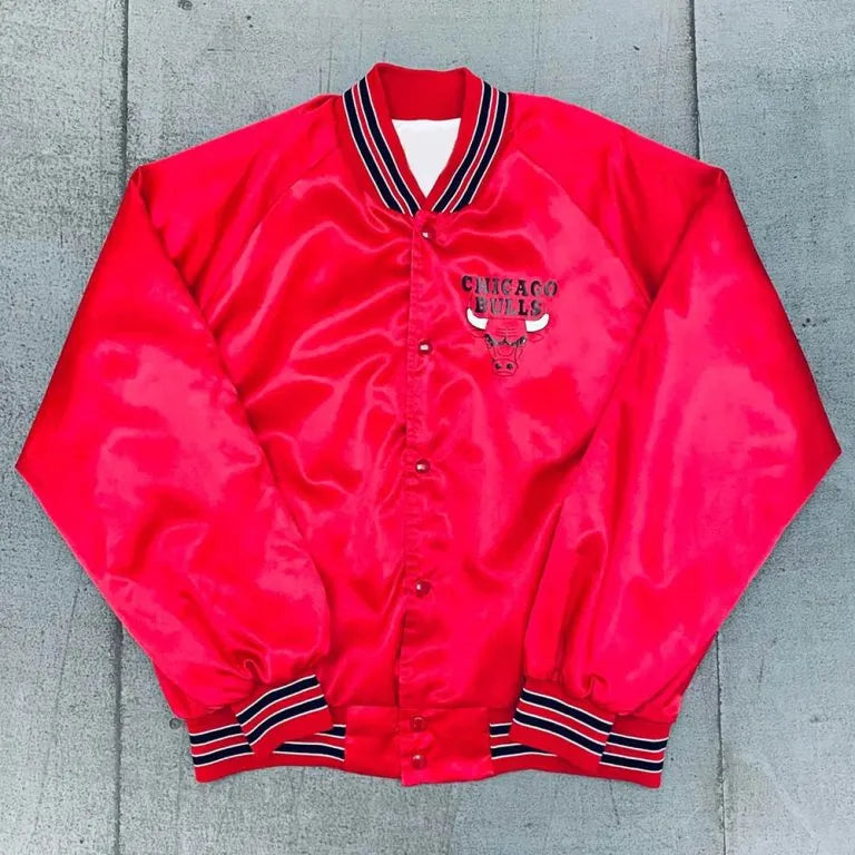 1990’s Chicago Bulls Locker Line Full-Snap Varsity Red Satin Men's Bomber Jacket