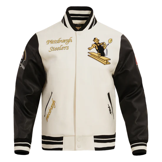 Pittsburgh Steelers Retro Classic Cream Wool & Black Genuine Leather Sleeves Men's Varsity Letterman Jacket