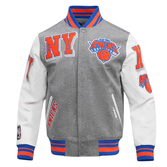 New York Knicks Varsity Gray Wool & White Genuine Leather Sleeves Men's Letterman Jacket