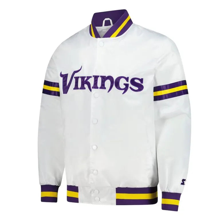 Minnesota Vikings Scout Full-Snap Varsity White Satin Men's Bomber Jacket