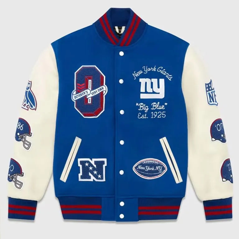 OVO New York Giants Blue Wool & White Genuine Leather Sleeves Men's Varsity Letterman Jacket