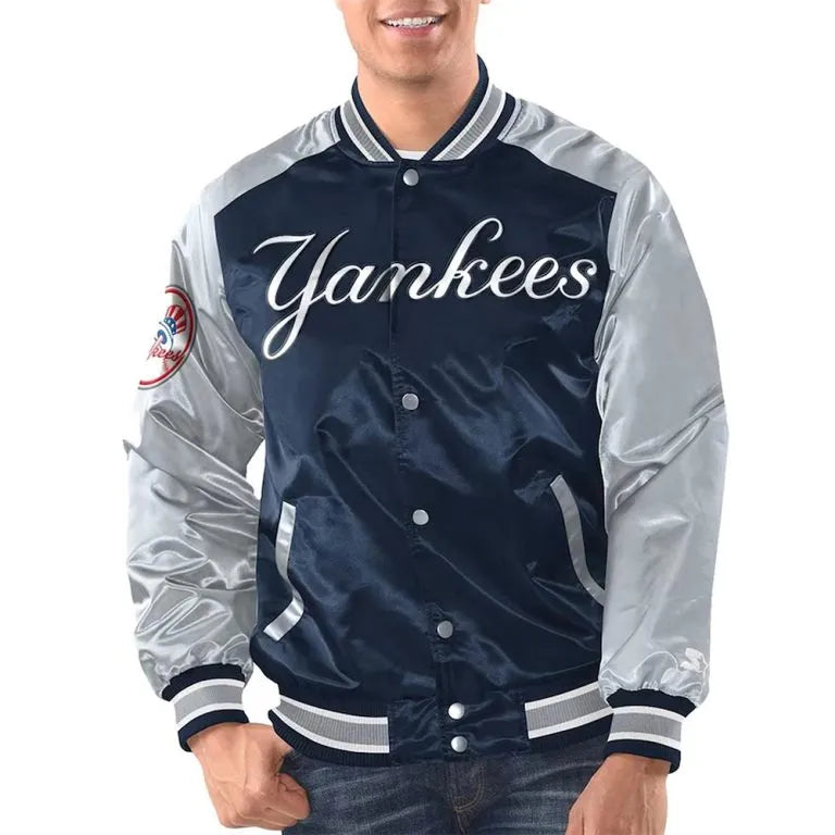 New York Yankees Renegade Full-Snap Varsity Navy/Silver Satin Men's Jacket