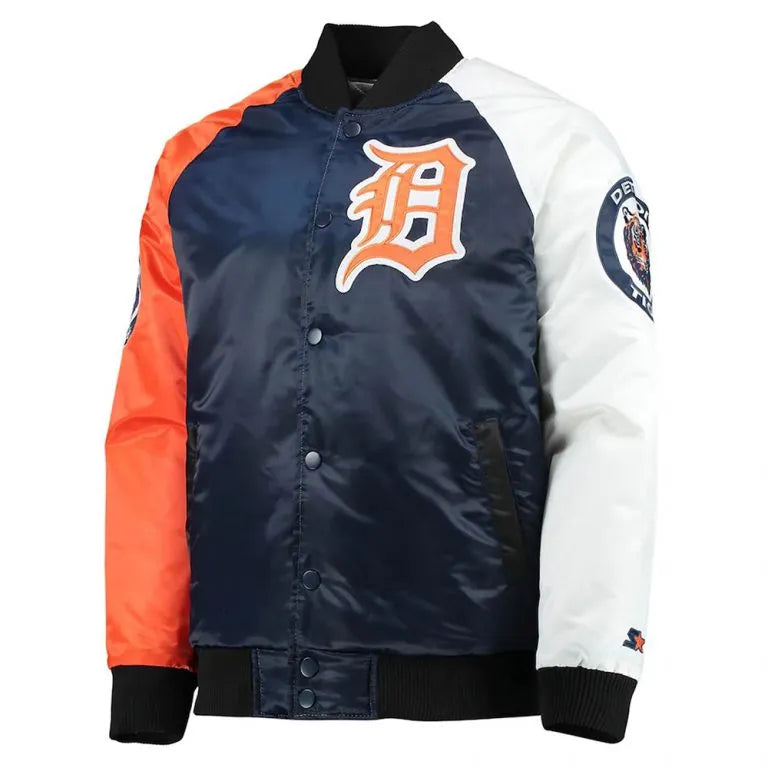 Detroit Tigers Tri-Color Navy Blue/Orange Satin Full-Snap Men's Jacket