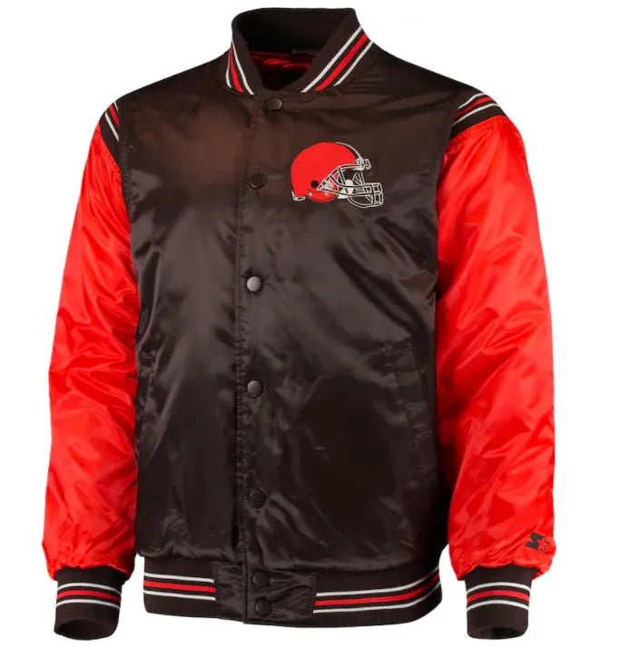 Cleveland Browns Full-Snap Varsity Red and Brown Satin Men's Bomber Jacket