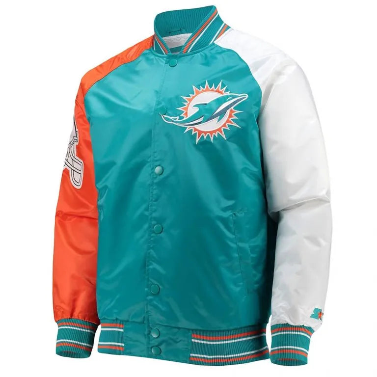 Miami Dolphins The Reliever Full-Snap Varsity Tri Color Satin Men's Bomber Jacket