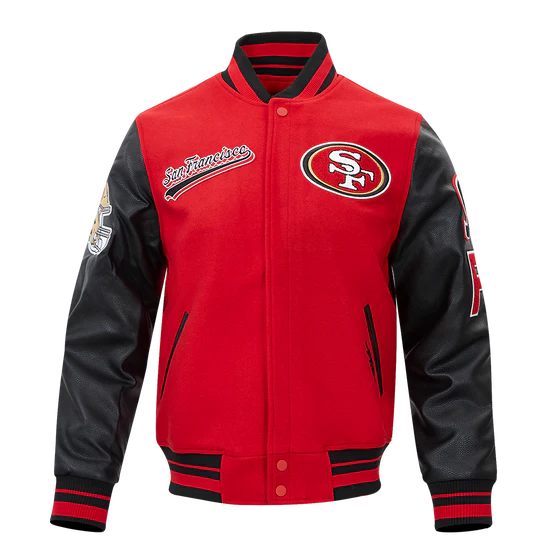 San Francisco 49ers Script Tail Classic Rib Red Wool & Black Genuine Leather Sleeves Men's Varsity Letterman Jacket