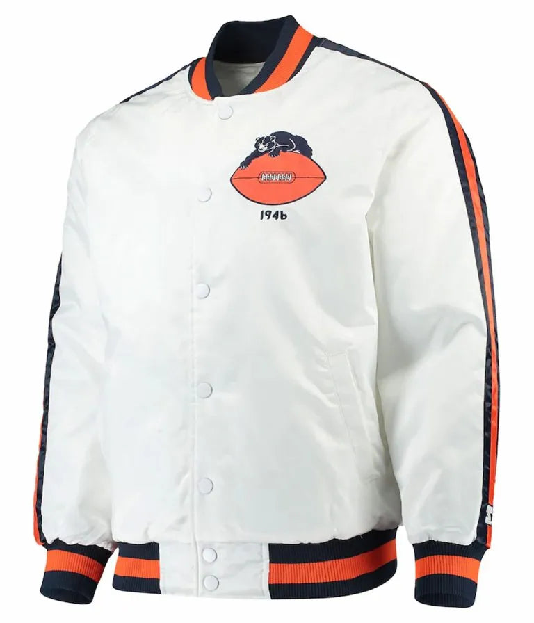 Chicago Bears Throwback D-Line Full-Snap Varsity White Satin Men's Bomber Jacket