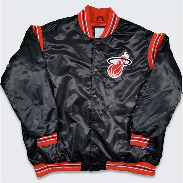 Miami Heat Teddy Full-Snap Varsity Black Satin Men's Bomber Jacket