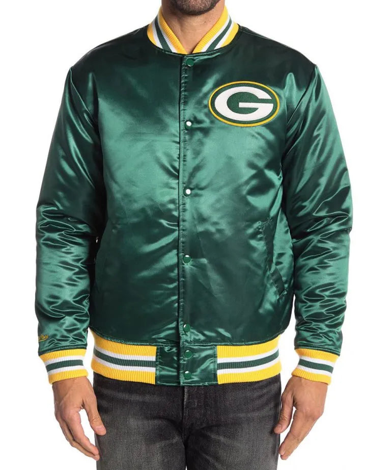 Green Bay Packers Full-Snap Varsity Green Satin Men's Bomber Jacket