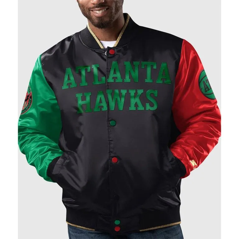 Atlanta Hawks History Ty Mopkins Month Full-Snap Varsity Tri Color Satin Men's Bomber Jacket