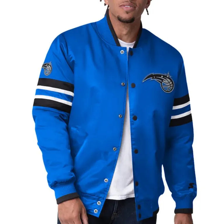 Orlando Magic Scout I Full-Snap Varsity Blue Satin Men's Bomber Jacket
