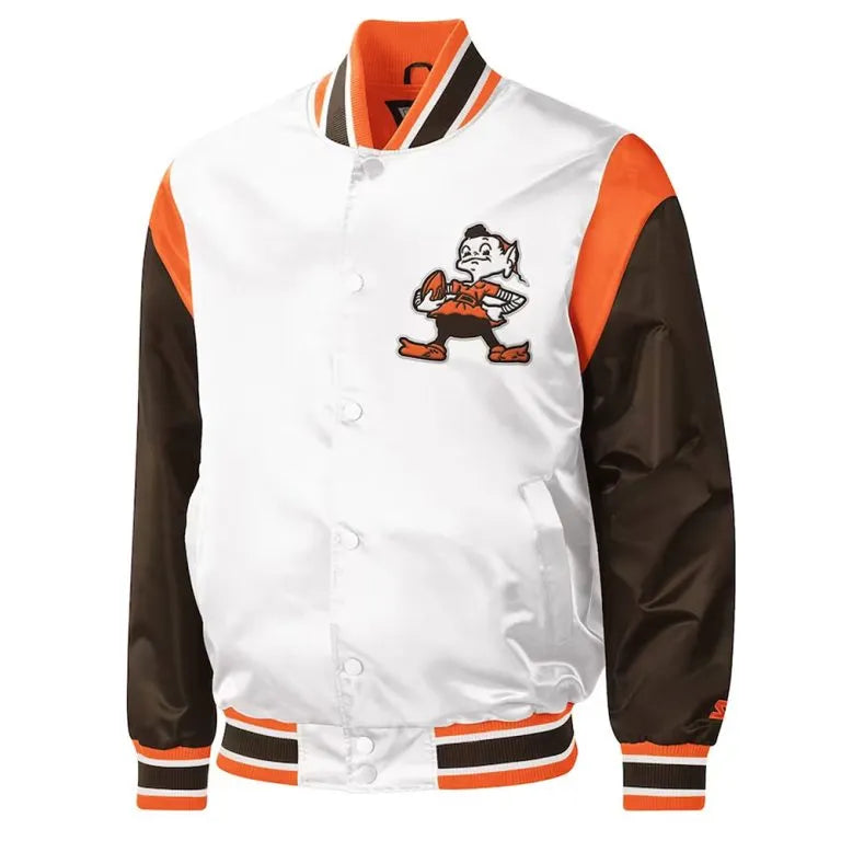 Cleveland Browns Throwback Pitch Full-Snap Varsity White and Brown Satin Men's Bomber Jacket