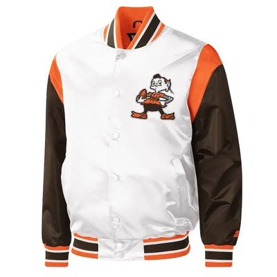 Cleveland Browns Throwback Pitch Full-Snap Varsity White and Brown Satin Men's Bomber Jacket