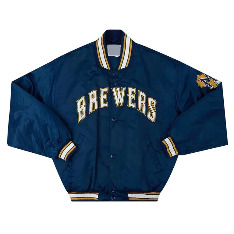 1994-99 Milwaukee Brewers Varsity Full-Snap Navy Blue Satin Men's Jacket