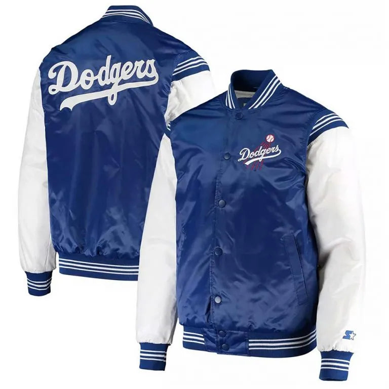 LA Dodgers Enforce White and Blue Satin Varsity Full-Snap Men's Jacket