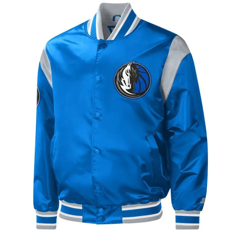 Dallas Mavericks Force Play Full-Snap Varsity Blue Satin Men's Bomber Jacket