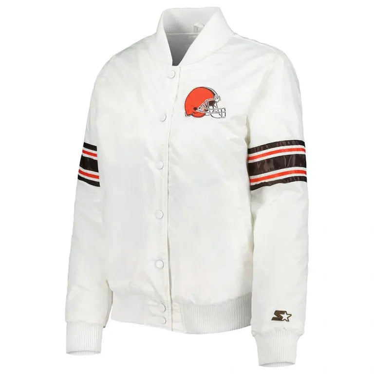 Cleveland Browns Line Up Full-Snap Varsity White Satin Men's Bomber Jacket