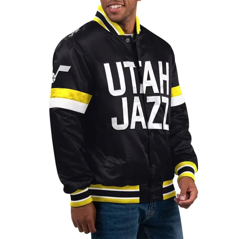 Utah Jazz Youth Home Game Full-Snap Varsity Black Satin Men's Bomber Jacket
