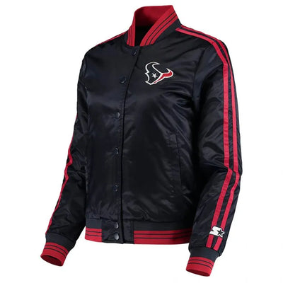 Houston Texan Overtime Full-Snap Varsity Navy Blue Satin Men's Bomber Jacket