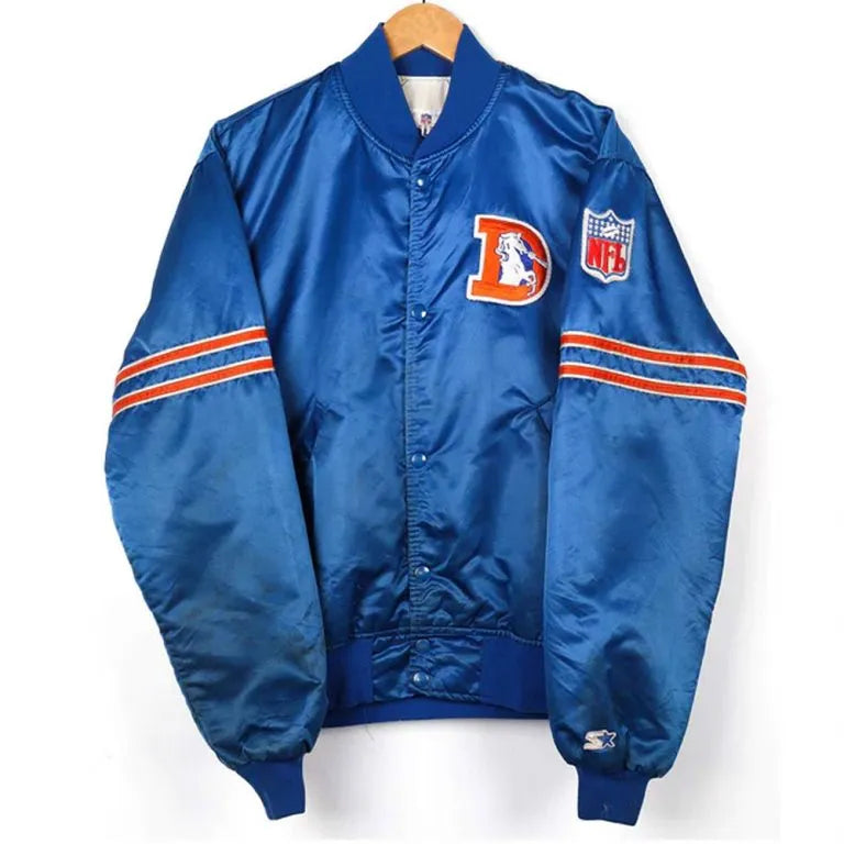 80s Denver Broncos Embroidered Full-Snap Varsity Blue/Orange Satin Men's Bomber Jacket