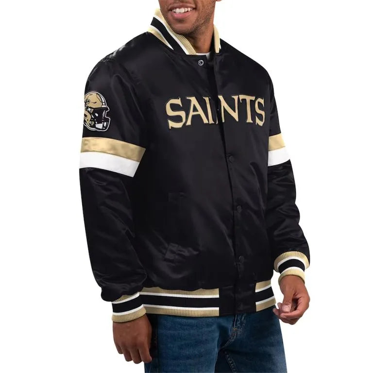 New Orleans Saints Home Game Full-Snap Varsity Black Satin Men's Bomber Jacket