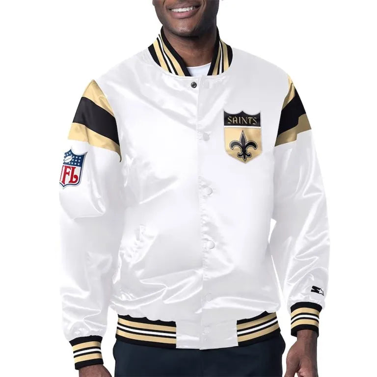 New Orleans Saints Midweight Full-Snap Varsity White Satin Men's Bomber Jacket