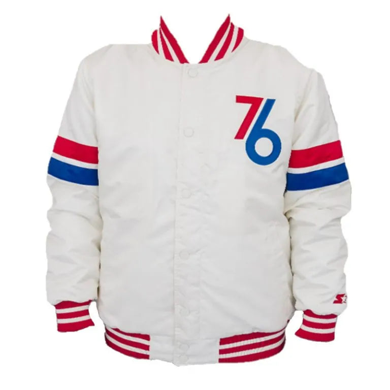 Philadelphia 76ers City of Brotherly Love Full-Snap Varsity White Satin Men's Bomber Jacket