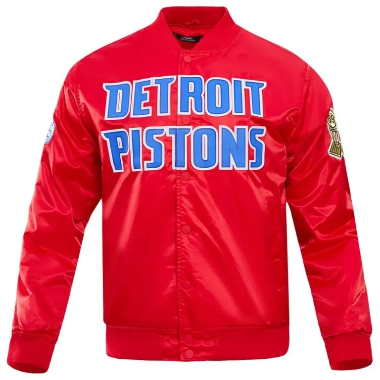 Detroit Pistons Big Logo Full-Snap Varsity Red Satin Men's Bomber Jacket