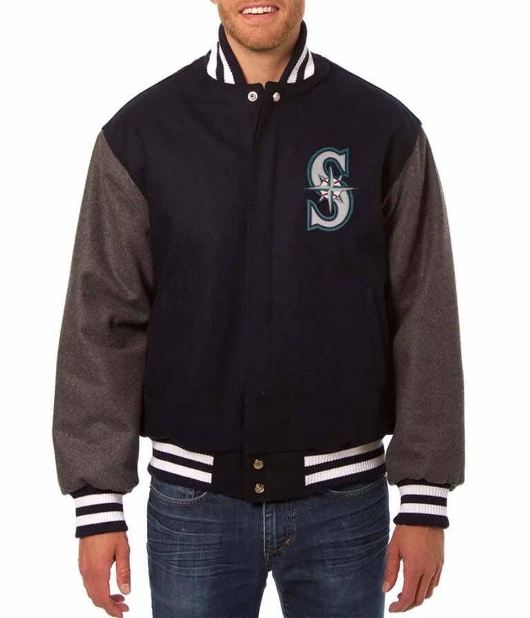 Seattle Mariners Navy and Grey Two Tone Wool Varsity Letterman Men's Jacket