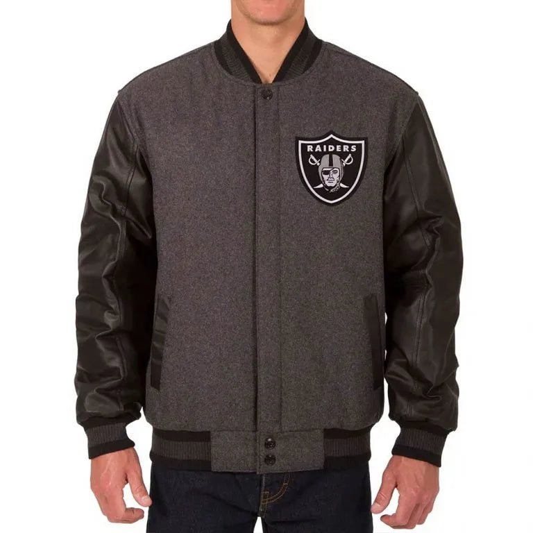 Los Vegas Raiders Charcoal Wool and Black Genuine Leather Sleeves Men's Varsity Letterman Jacket