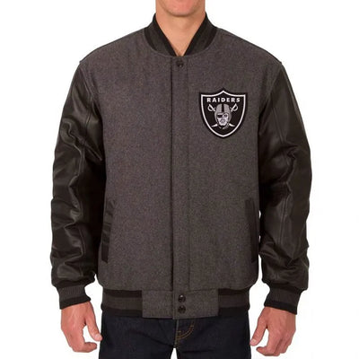 Los Vegas Raiders Charcoal Wool and Black Genuine Leather Sleeves Men's Varsity Letterman Jacket