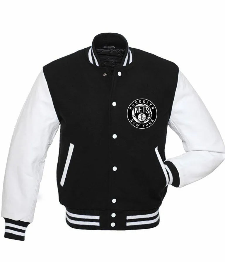 Brooklyn Nets NBA Black Wool & White Genuine Leather Sleeves Men's Varsity Letterman Jacket