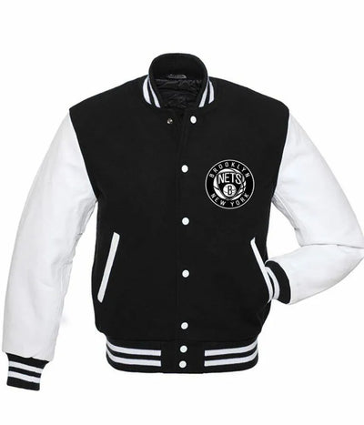 Brooklyn Nets NBA Black Wool & White Genuine Leather Sleeves Men's Varsity Letterman Jacket
