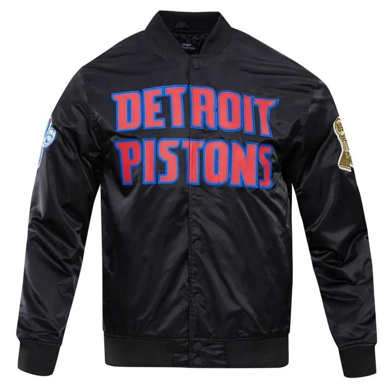 Detroit Pistons Big Logo Full-Snap Varsity Black Satin Men's Bomber Jacket