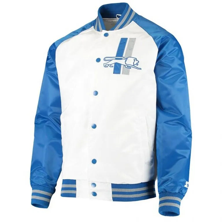 Detroit Lions Clean Up Throwback Full-Snap Varsity White/Blue Satin Men's Bomber Jacket