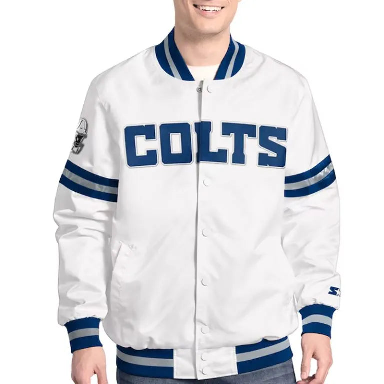 Indianapolis Colts Scout Full-Snap Varsity White Satin Men's Bomber Jacket