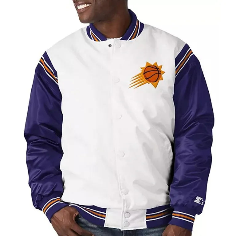 Phoenix Suns Renegade Full-Snap Varsity White and Purple Satin Men's Bomber Jacket