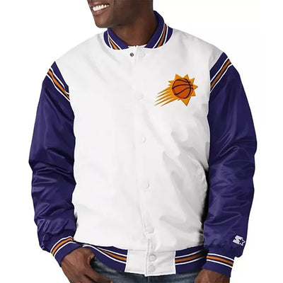 Phoenix Suns Renegade Full-Snap Varsity White and Purple Satin Men's Bomber Jacket