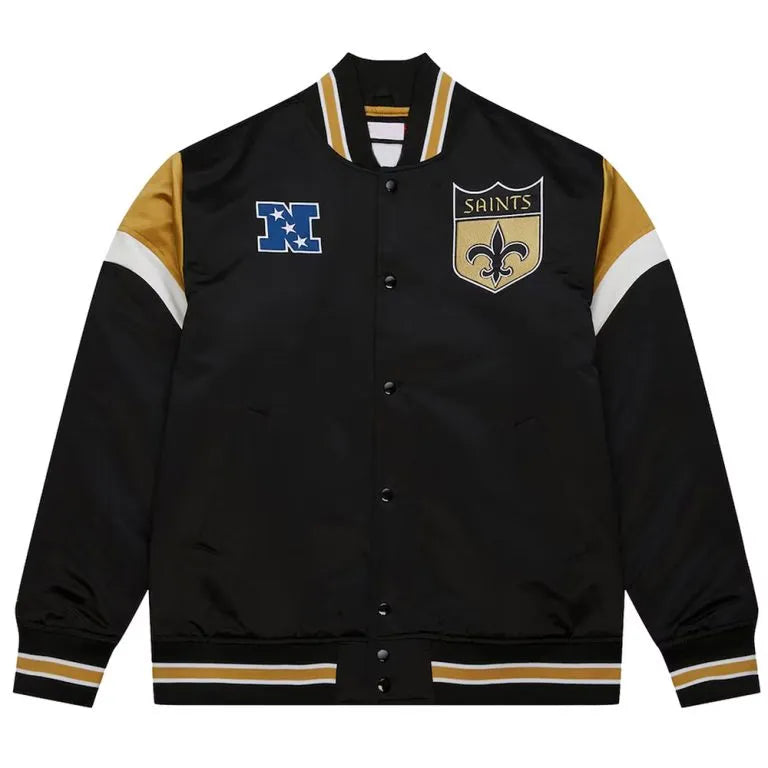 New Orleans Saints Heavyweight Full-Snap Varsity Black Satin Men's Bomber Jacket