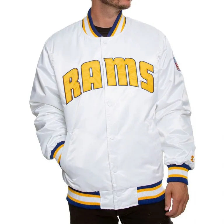 Los Angeles Rams Full-Snap Varsity White Satin Men's Bomber Jacket