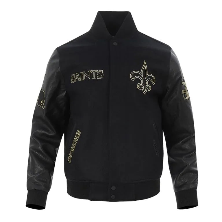 New Orleans Saints Mash Up Black Wool & Genuine Leather Sleeves Men's Varsity Letterman Jacket