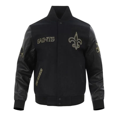 New Orleans Saints Mash Up Black Wool & Genuine Leather Sleeves Men's Varsity Letterman Jacket